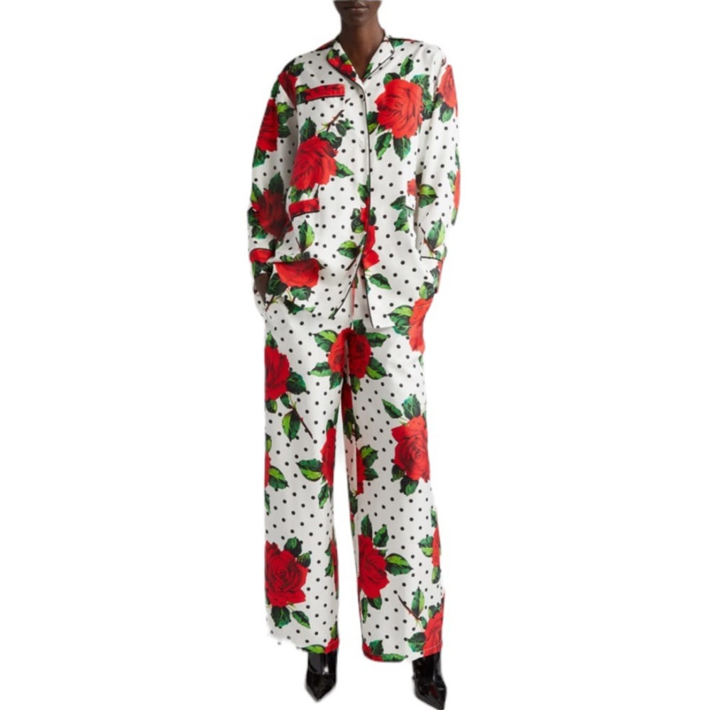 Richard Quinn Floral Print Silk Twill Button-Up Top & Pants Set